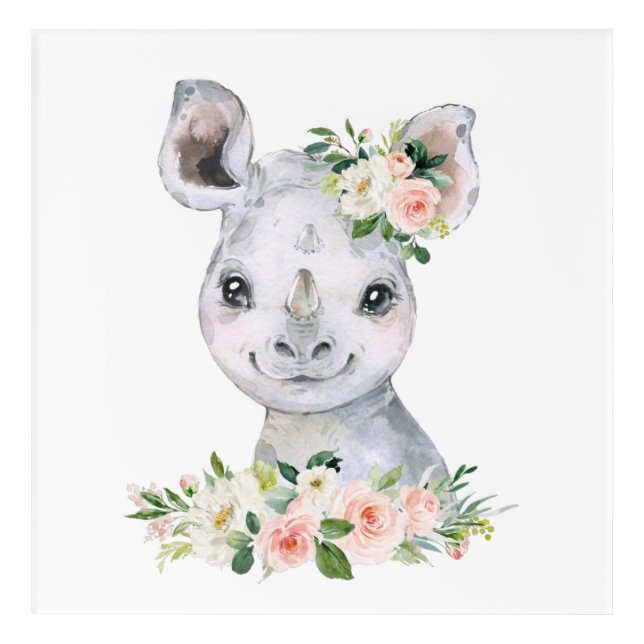 Rhino, Safari, Jungle, Pink Flowers, Girl Nursery Acrylic Print (Front)
