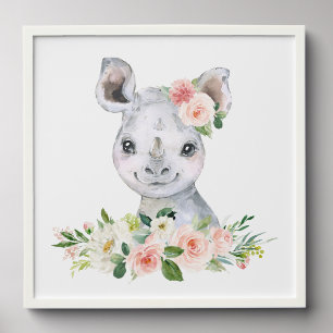Rhino, Safari, Jungle, Pink Flowers, Girl Nursery Peel And Stick Photo Tile