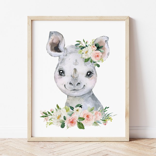 Rhino, Safari, Jungle, Pink Flowers, Girl Nursery Poster (Creator Uploaded)