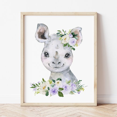 Rhino Safari Purple Flowers Gender Neutral Poster