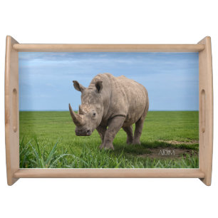 Rhino Standing On Green Hilltop Photo Enlargement Serving Tray