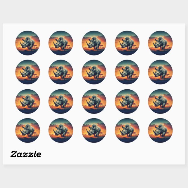 Rhino Sunset Safari Classic Round Sticker (Sheet)