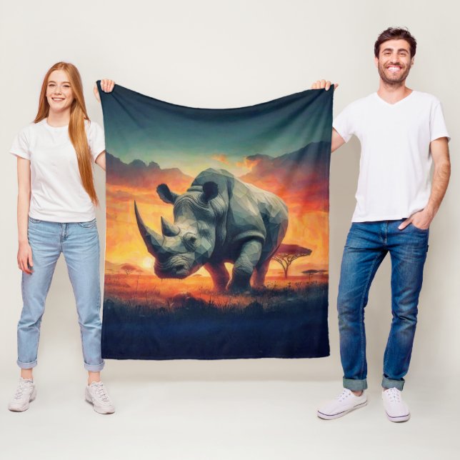 Rhino Sunset Safari Fleece Blanket (In Situ)