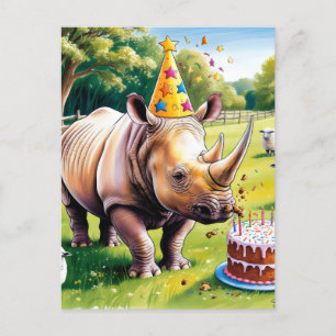 Rhino wearing birthday hat in the english country postcard