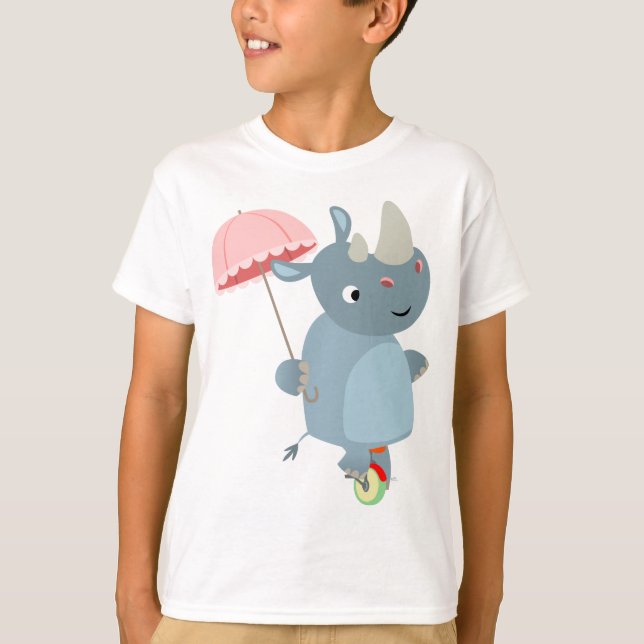 Rhino with Umbrella on Unicycle Children T-Shirt (Front)