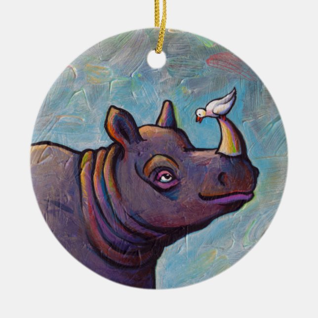 Rhinoceros art little bird gossip fun painting ceramic ornament (Front)
