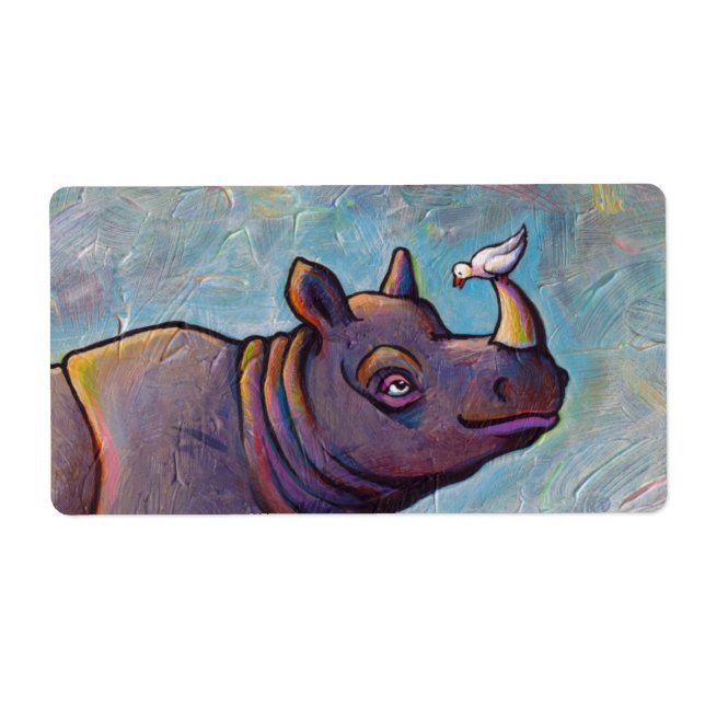 Rhinoceros art little bird gossip fun painting label (Front)
