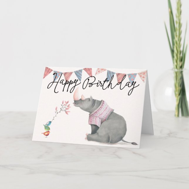 Rhinoceros & Birdies Happy Birthday Greeting Card (Front)