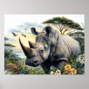 Rhinoceros Botanical Floral Watercolor Art Poster