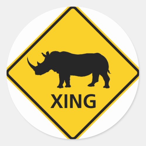 Rhinoceros Crossing Highway Sign Classic Round Sticker