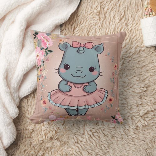Rhinoceros Cute Ballerina Print Throw Pillow