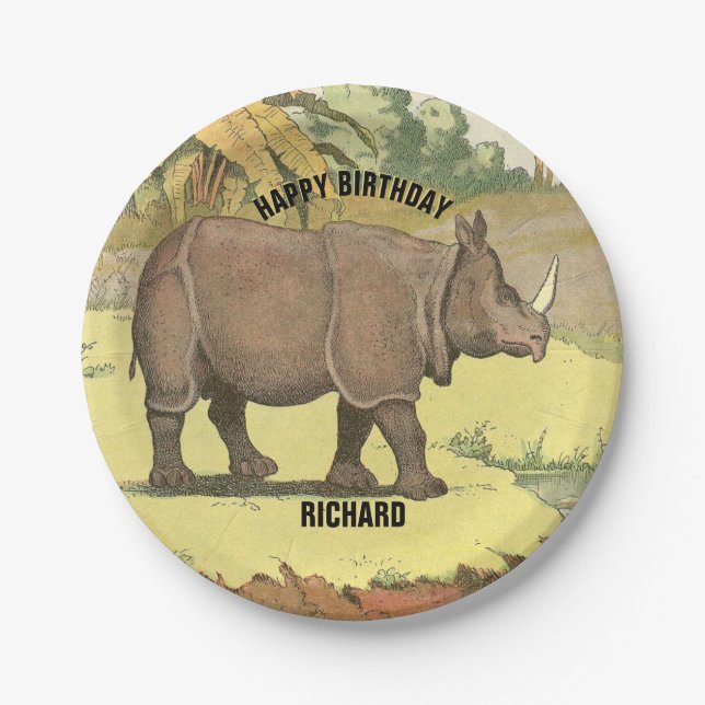 Rhinoceros Happy Birthday Party Paper Plates (Front)