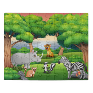 Rhinoceros Lion Happy Jungle Animals in Landscape Jigsaw Puzzle