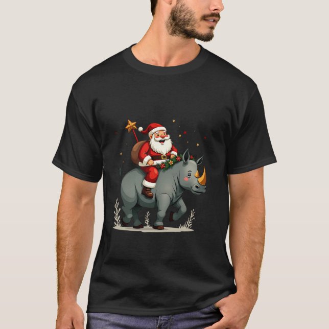 Rhinoceros Lover Xmas Santa Riding Rhino Christmas T-Shirt (Front)