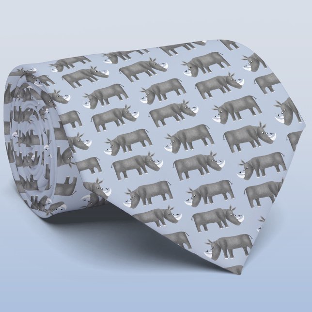 Rhinoceros Neck Tie (Rhino pattern blue neck tie for animal and wildlife lovers)