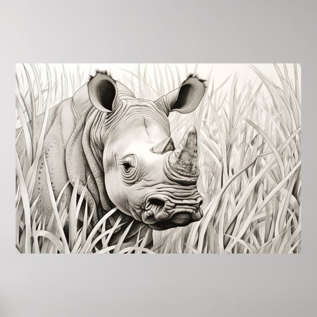 Rhinoceros Peaceful Nature Prairie Sketch Drawing  Poster (Front)