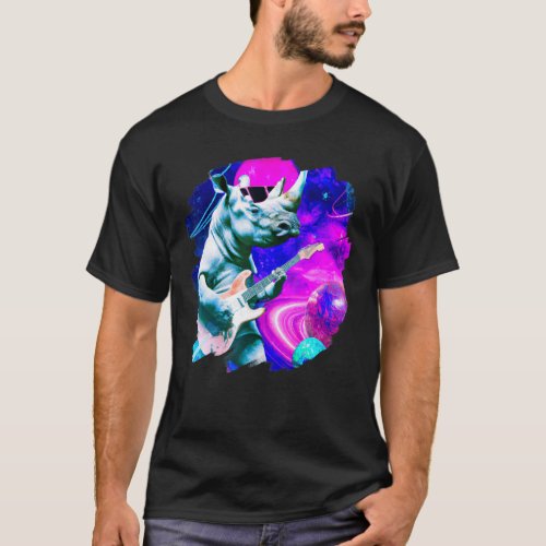 Rhinoceros Playing Guitar in Space Outer Space Rhi T-Shirt