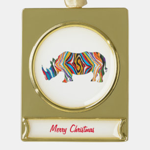 Rhinoceros Psychedelic Zebra Pattern Gold Plated Banner Ornament