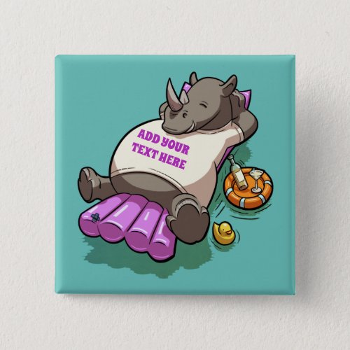 Rhinoceros Relaxing On A Lilo Funny Cartoon Rhino Button