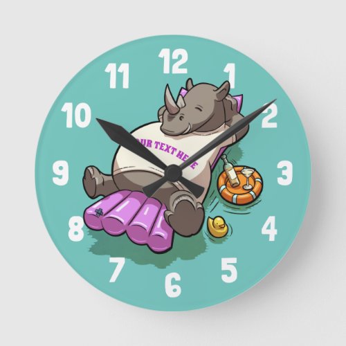 Rhinoceros Relaxing On A Lilo Funny Cartoon Rhino Round Clock