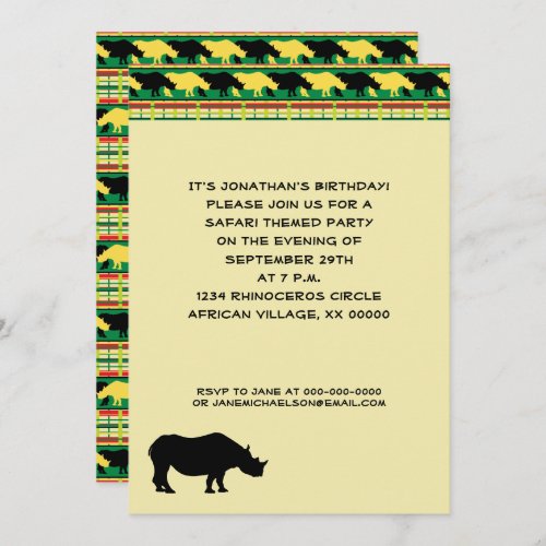 Rhinoceros Safari Weave Pattern Birthday Invitation