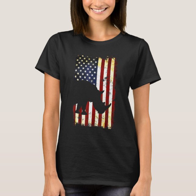 Rhinoceros Silhouette American Flag 4th Of July T-Shirt (Front)