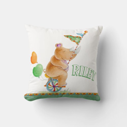 Rhinoceros unicycle watercolor circus name pillow