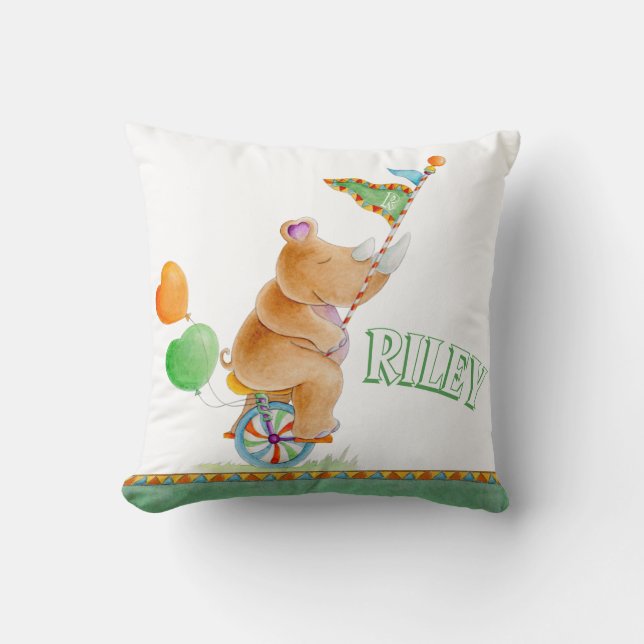 Rhinoceros unicycle watercolor circus name pillow (Front)