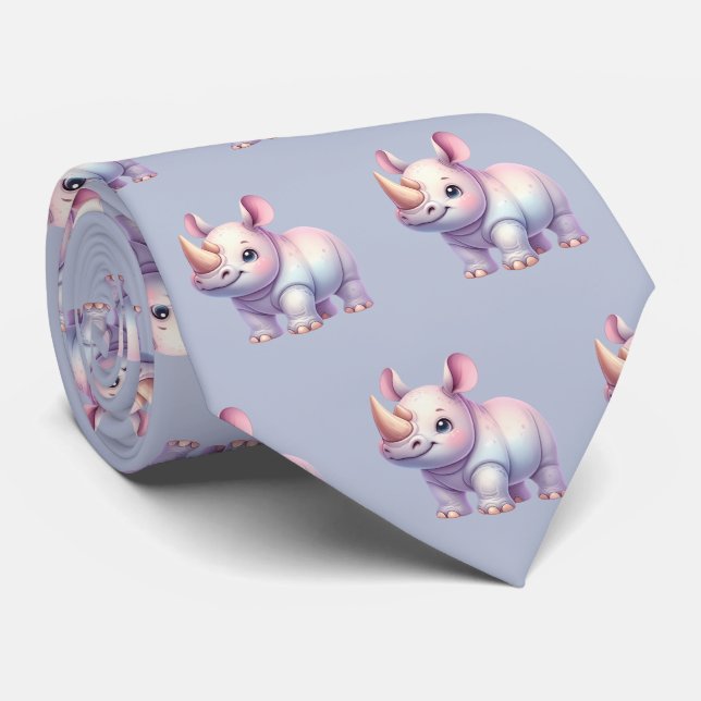 Rhinos Rhinoceros Modern Kawaii Cute Babies Neck Tie (Rolled)