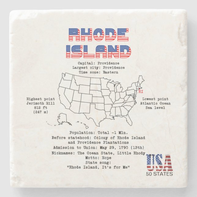 Rhode Island American state on a map and details Stone Coaster (Front)