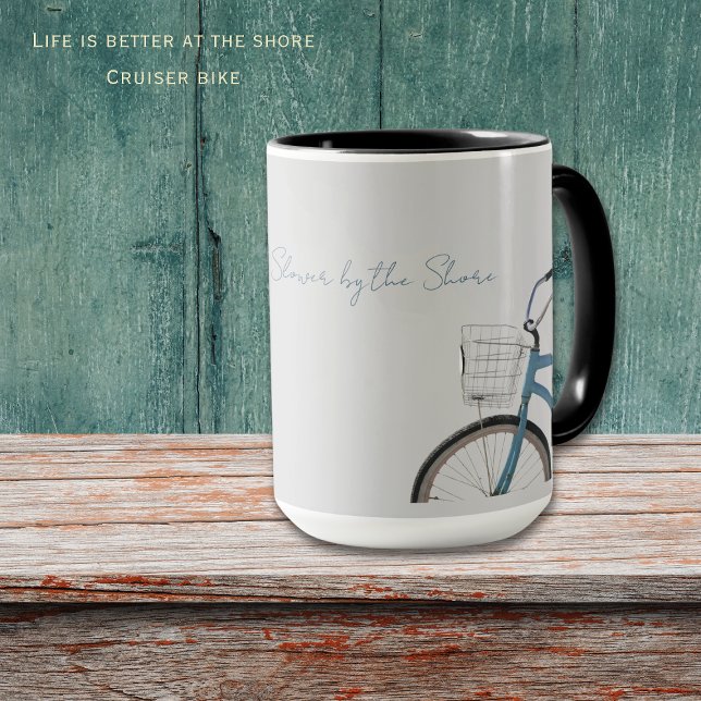 Rhode Island Coastal Cruiser Bike Mug (Life moves slower by the shore mug. Perfect mug for your morning coffee at the shore. Customize it!)