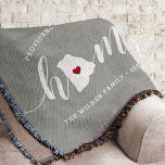 Rhode Island Home State Personalized Throw Blanket<br><div class="desc">Show some home state pride with this cute rustic gray throw blanket featuring "home" in white calligraphy script lettering with a silhouette map of the state of Rhode Island standing in for the letter "O." A red heart illustration inside the state map completes the design; you can change the position...</div>