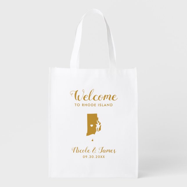 Rhode Island Map Wedding Welcome Bag, Gold Tote Ba (Front)