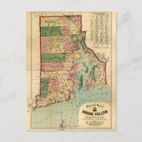Rhode Island  Providence Plantations Map 1880 Postcard