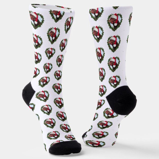 Rhode Island Red Chicken Wreath Christmas Socks (Angled)