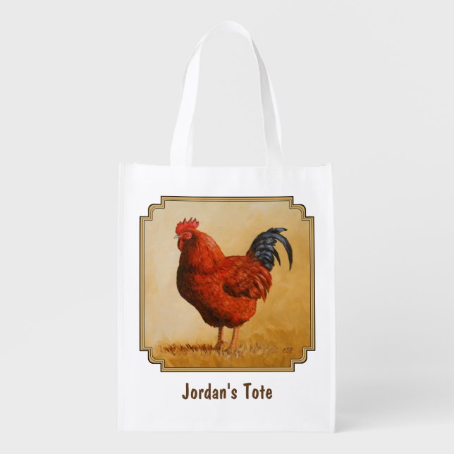 Rhode Island Red Rooster Chicken Reusable Grocery Bag (Front)