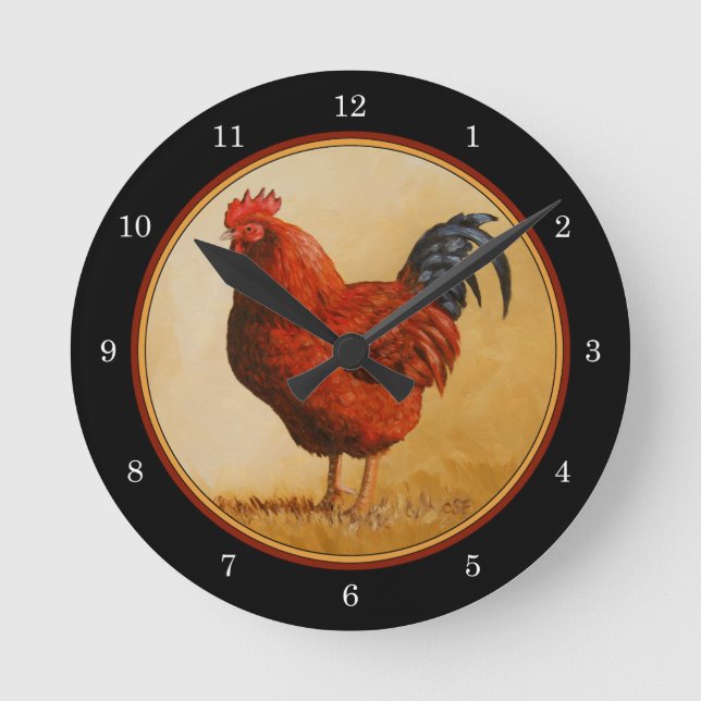 Rhode Island Red Rooster Chicken Round Clock (Front)