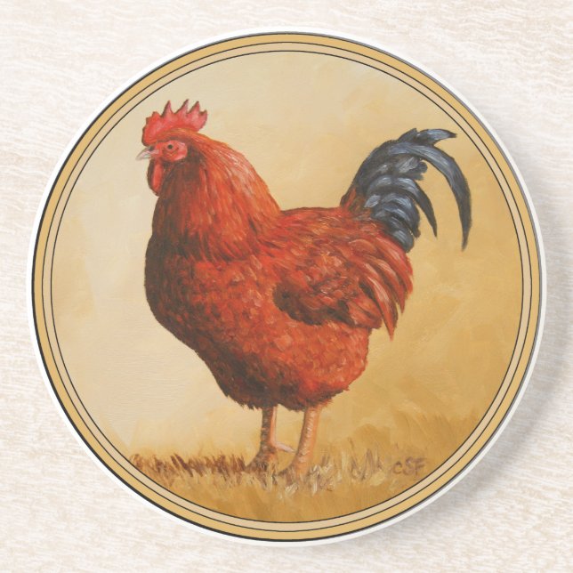 Rhode Island Red Rooster Chicken Sandstone Coaster (Front)