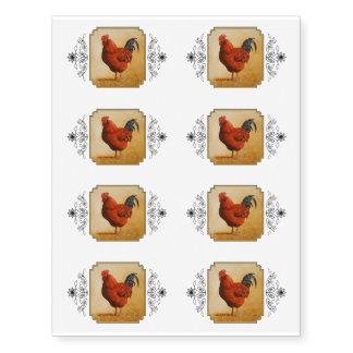 Rhode Island Red Rooster Chicken Temporary Tattoos