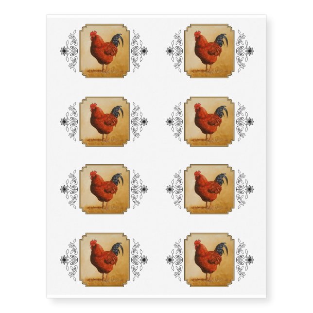 Rhode Island Red Rooster Chicken Temporary Tattoos (Front)