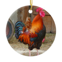 Rhode Island Red Rooster Crowing in Barnyard Ceramic Ornament