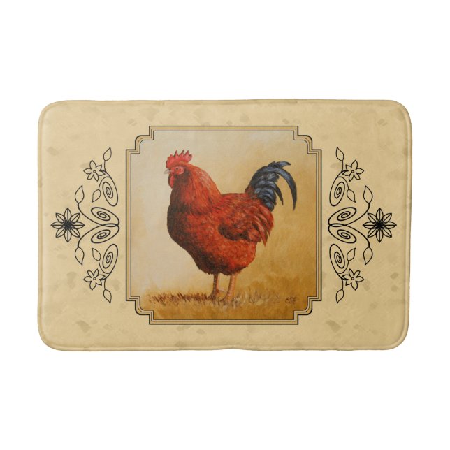 Rhode Island Red Rooster Yellow Background Bathroom Mat (Front)