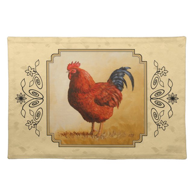 Rhode Island Red Rooster Yellow Background Cloth Placemat (Front)