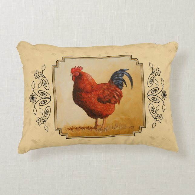 Rhode Island Red Rooster Yellow Background Decorative Pillow (Front)