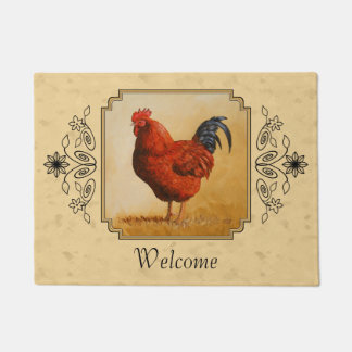 Rhode Island Red Rooster Yellow Background Doormat