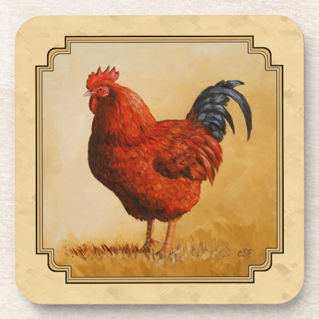 Rhode Island Red Rooster Yellow Background Drink Coaster (Front)
