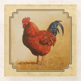 Rhode Island Red Rooster Yellow Background Glass Coaster