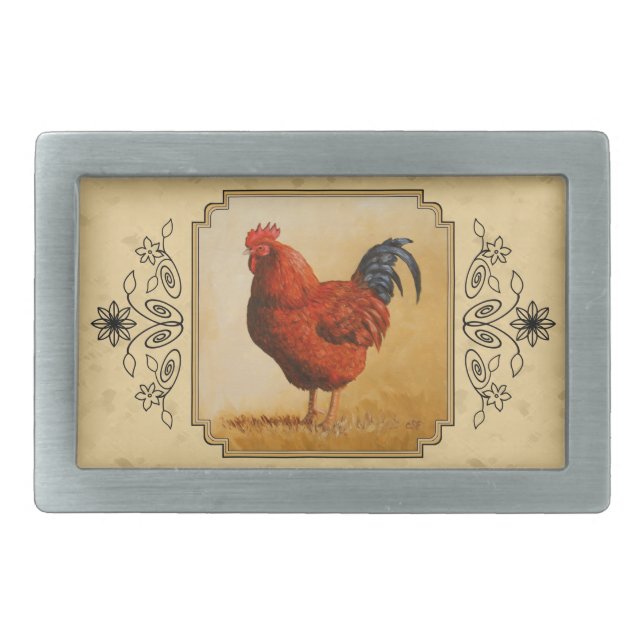 Rhode Island Red Rooster Yellow Background Rectangular Belt Buckle (Front)