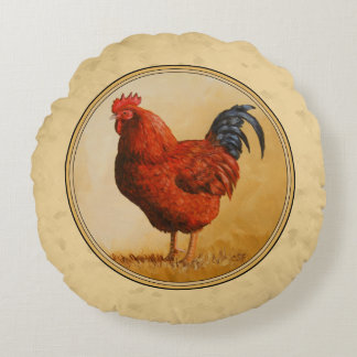 Rhode Island Red Rooster Yellow Background Round Pillow