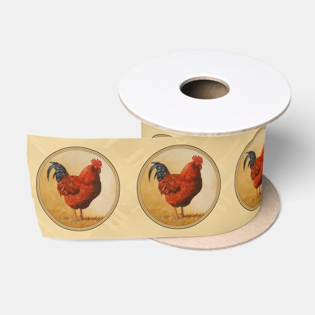 Rhode Island Red Rooster Yellow Background Satin Ribbon (Spool)